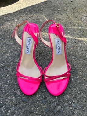 Jimmy Choo Hot Pink Patent Leather Slingback Heels Sz 38EU